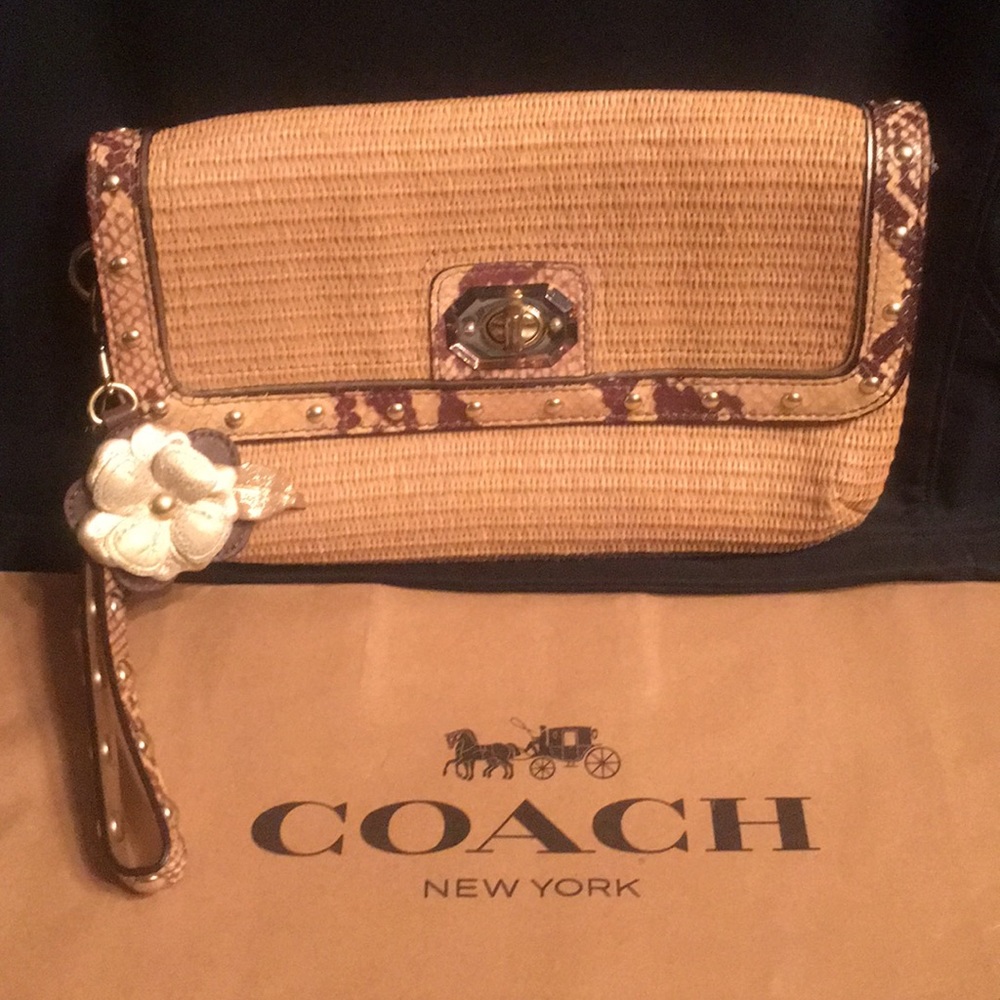 Coach natural straw studded wristlet clutch purse